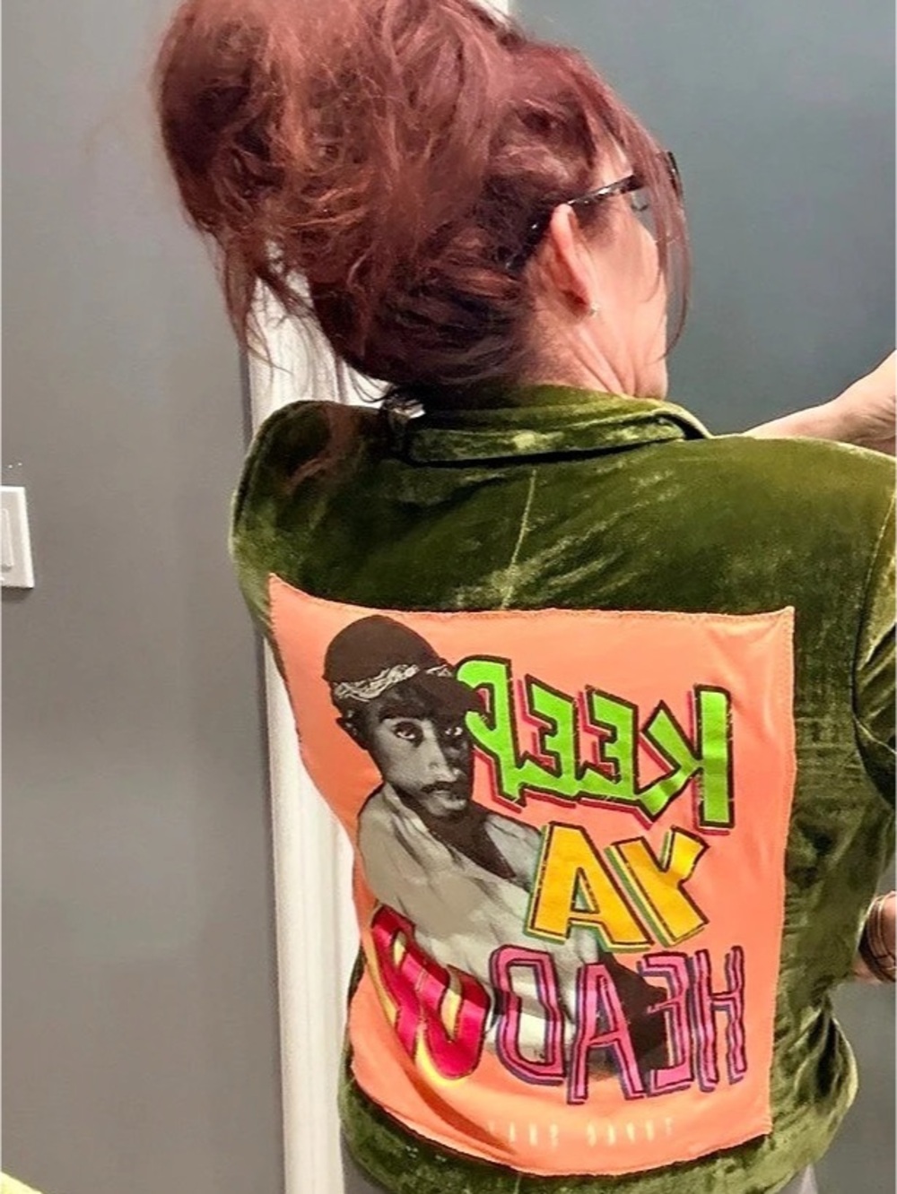 Custom Vintage Tupac concert st on a New Bandolino Green Velvet Blazer Size 12